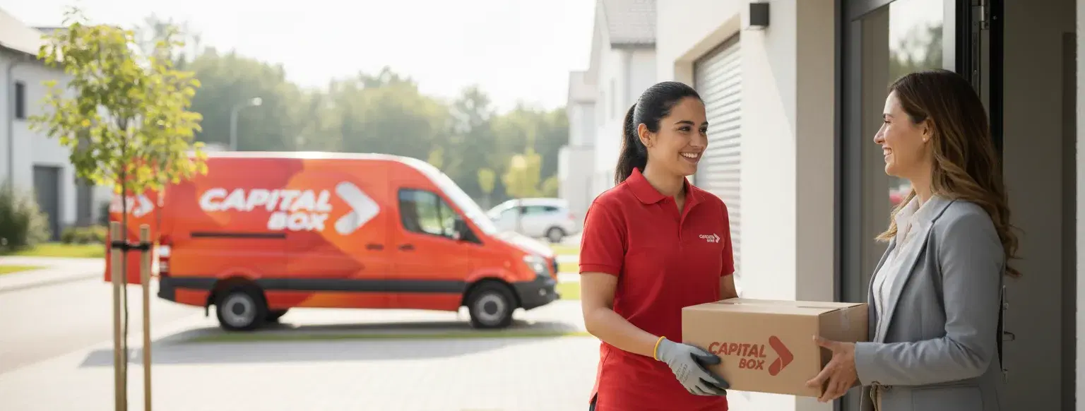 Repartidor de Capital Box entregando un paquete en la puerta de un cliente