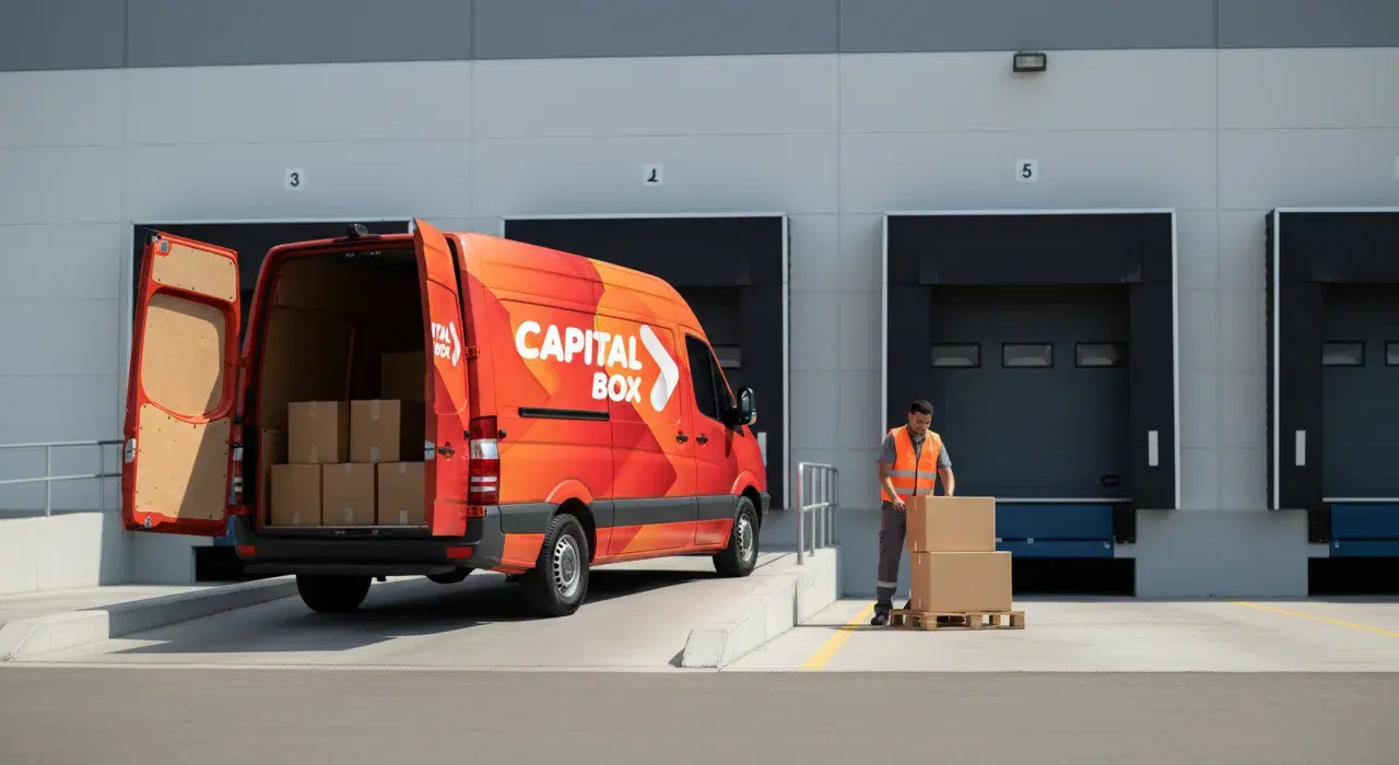 Dock de carga de Capital Box en Córdoba, con un camión despachando pallets